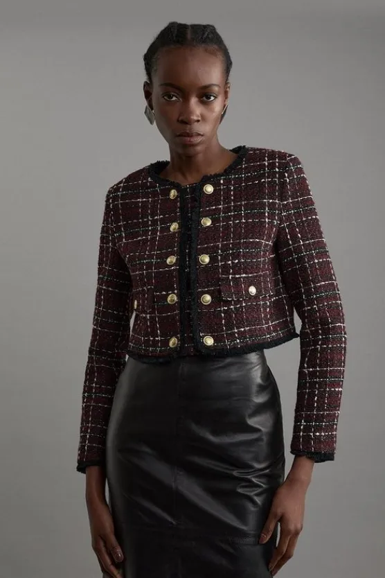 Karen Millen Wool Mix Check Boucle Tailored Cropped Jacket merlot Outlet