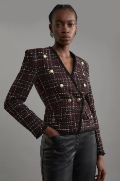 Karen Millen Wool Mix Check Boucle Tailored Blazer merlot Outlet