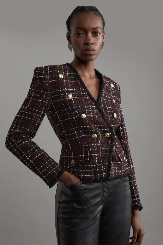 Karen Millen Wool Mix Check Boucle Tailored Blazer merlot Outlet