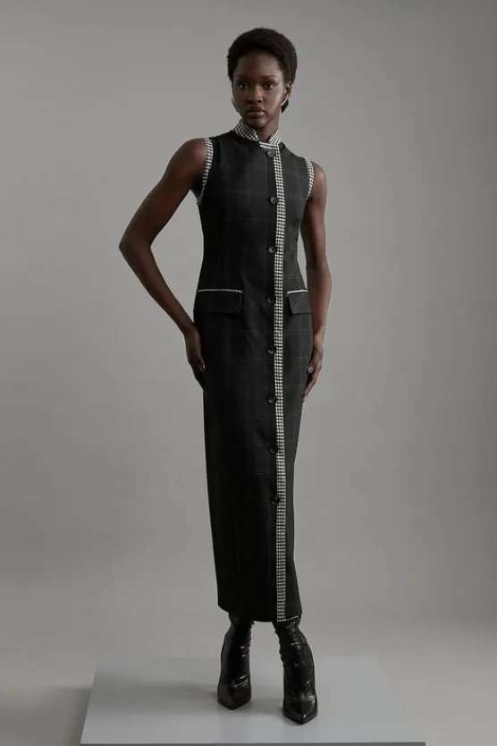 Karen Millen Wool Mix Contrast Check Sleeveless Tailored Maxi Dress multi Sale