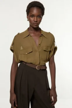 Karen Millen Woven Short Viscose Sleeved Shirt khaki New